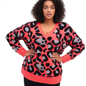 Torrid 5 (5X 28) Chunky Coral Leopard Animal Print V Neck Pullover Tunic Sweater